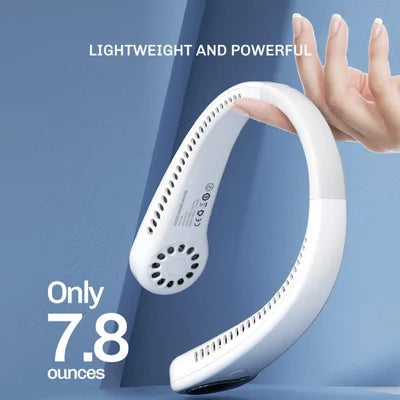 White neckband device held by a hand with text on a blue background