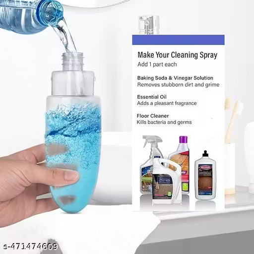 Hand holding a blue spray bottle with cleaning products and ingredients displayed on a white background.