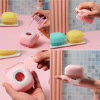 Collage of a pink scrubber being used on a bath sponge with a tiled bathroom background.