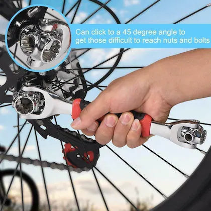 Hand using a tool to tighten a bicycle hub with a close-up inset showing the tool's mechanism.