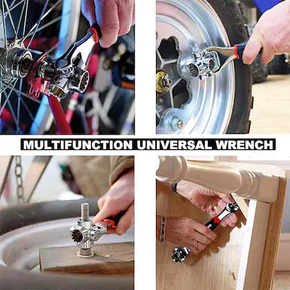 Multifunctional universal wrench being used on various tasks including a bike, car, and wooden object.
