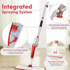 Red and white spray mop with integrated spraying system features on a white background