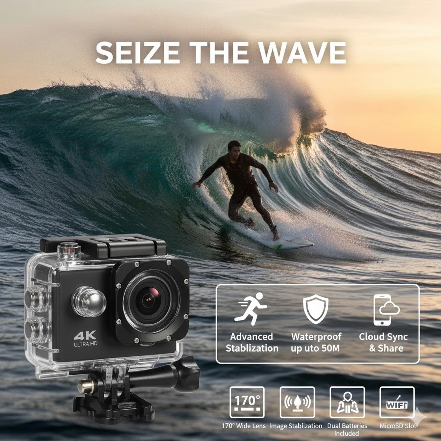 Action camera with features displayed against a background of a surfer on a wave.